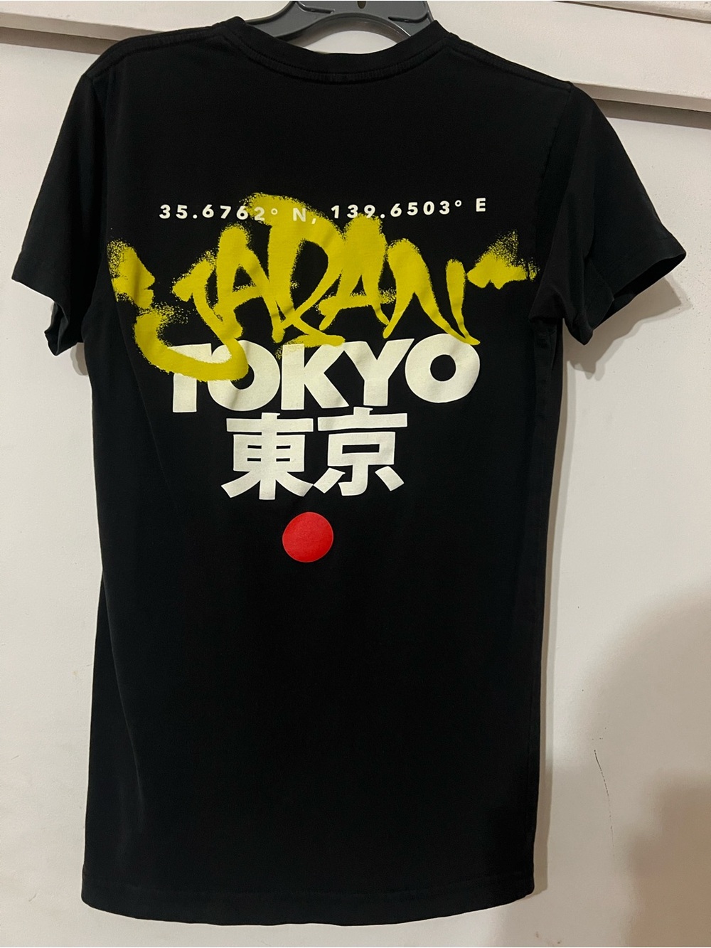 Fashion Nova Black Tee with Yellow Graffiti and Red Dot